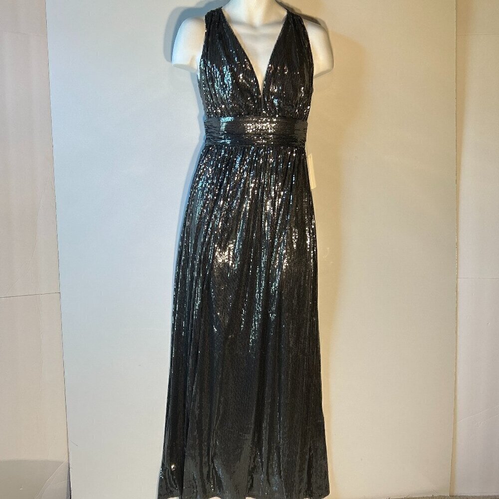 Verte SZ S Blue Gray Grecian Halter Cut Sequin Maxi old glamour party prom